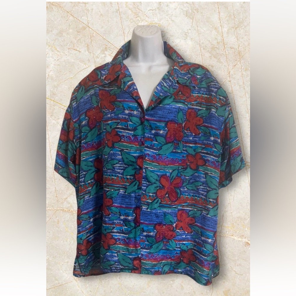VINTAGE BOGARI Women SIZE 1X 100% SILKFloral COLLARED BUTTON UP BLOUSE